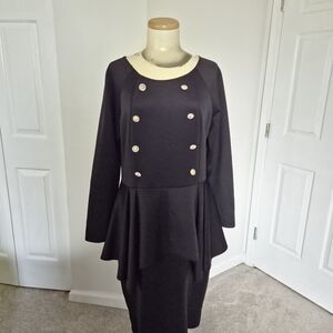 Chic Black Double-Breasted Peplum Dress | Size 2X | Gold Button Detail